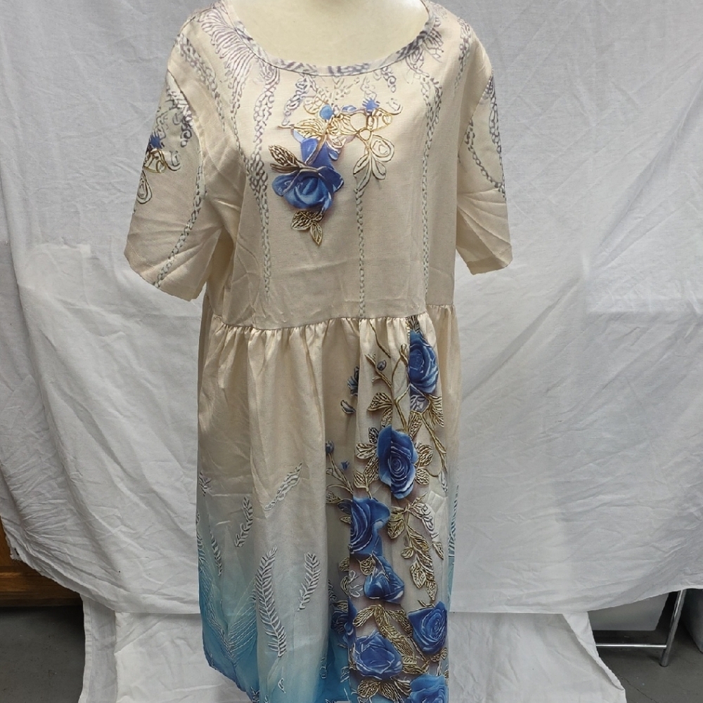 Elegant Cream and Blue Floral Dress